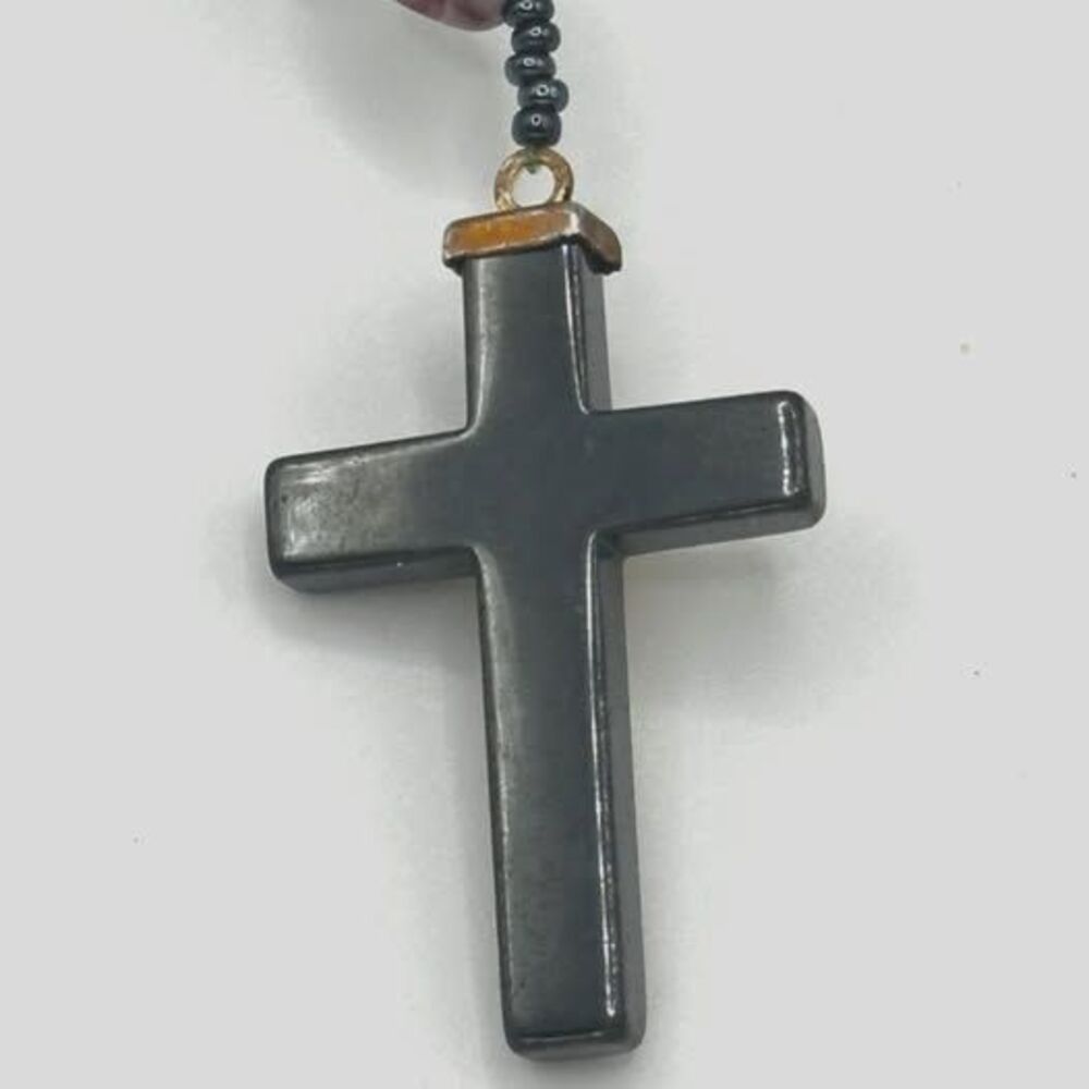 Lavender Stone Type Rosary Beads with Hematite Cross - 16" Total Length - Picture 5 of 5